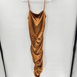 Forever 21 dress medium slinky bronze orange silky sexy midi form fitting